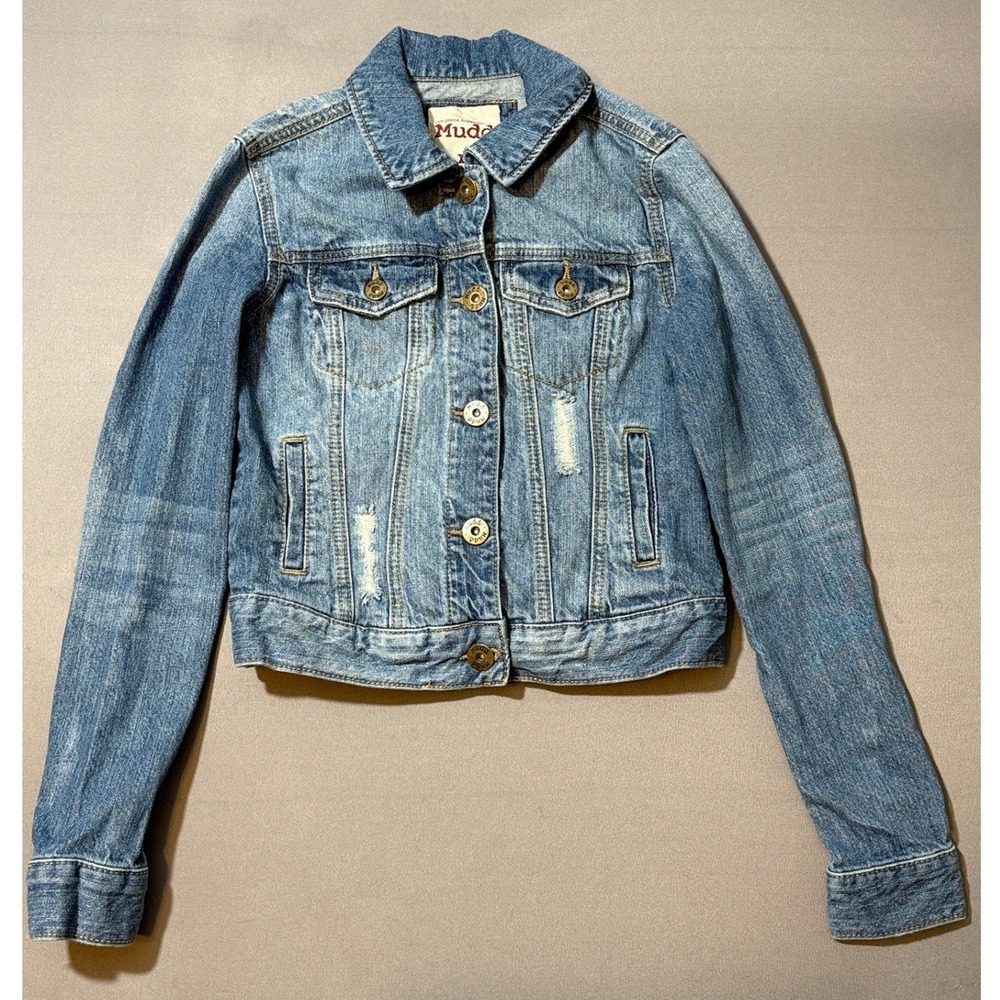 Mudd Women's XS Blue Denim Jacket Distressed Cropped Trucker Style‎